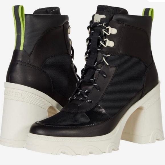 Sorel Shoes - Sorel Brex Lace-up Booties in black, cream with lime green details.